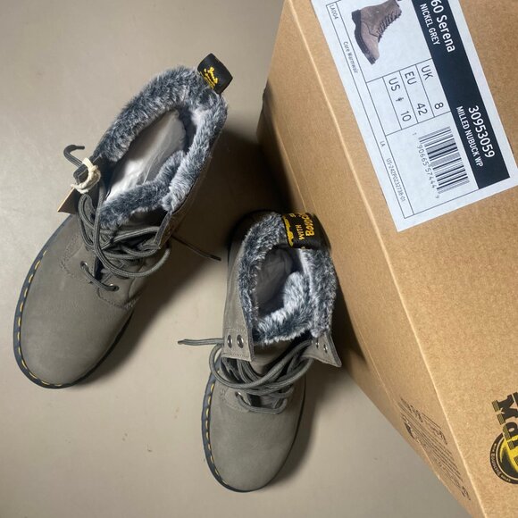 NWT 10 Dr. Martens 1460 Serena Nickel Grey Faux Fur Lined Nubuck Leather Boot - Picture 5 of 6